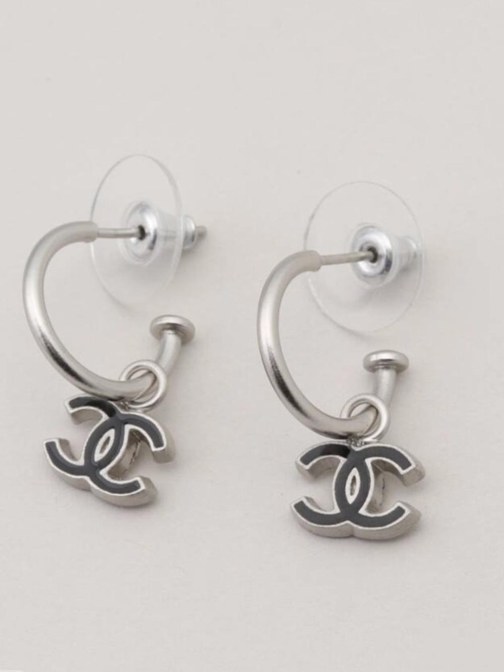 CHANEL Pierced Silver Hoop Earrings with Black CC Charm - Picture 2 of 4
